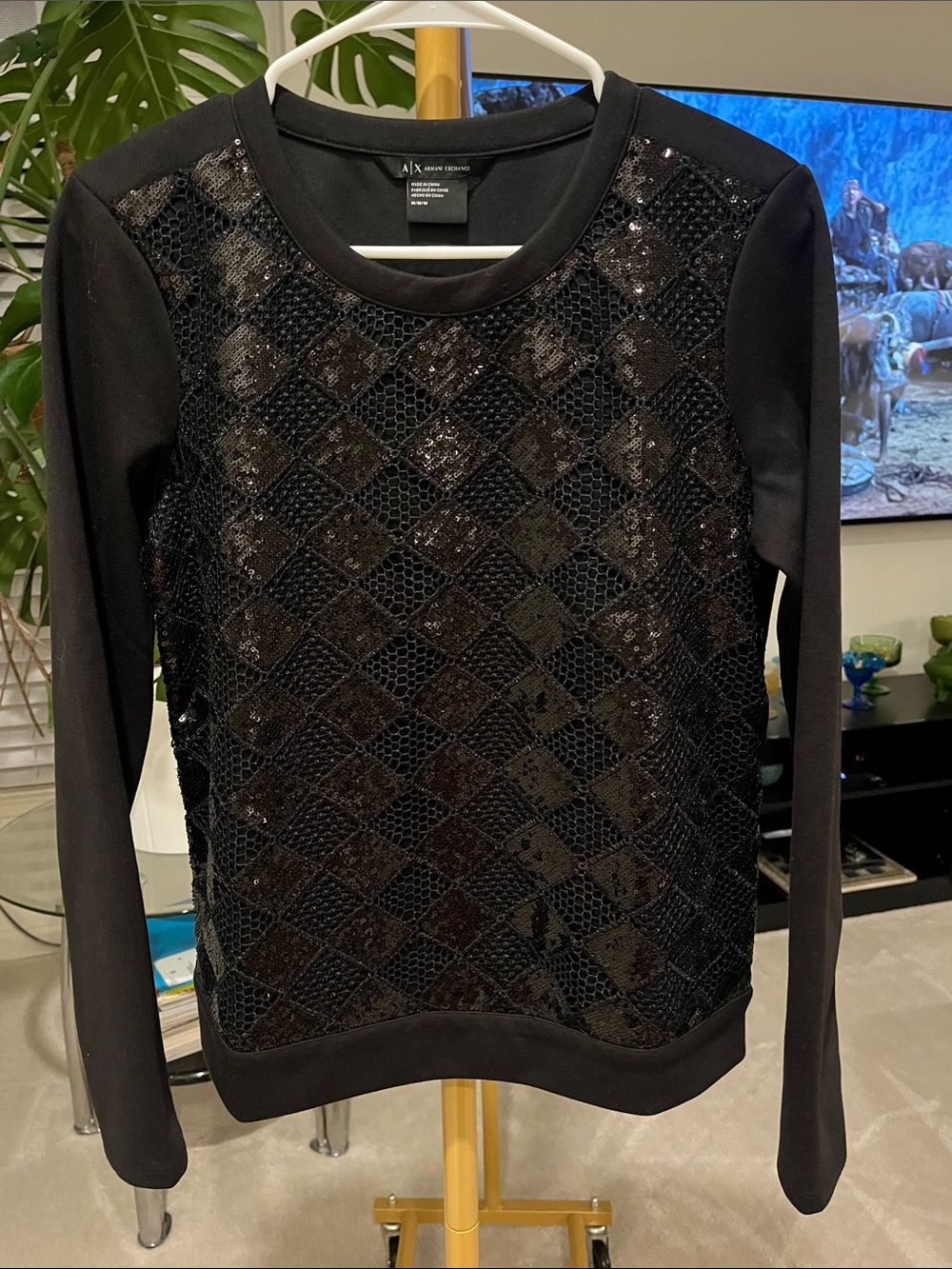 A/X Armani Exchange Black Sequin Diamond-Pattern Sweatshirt size medium